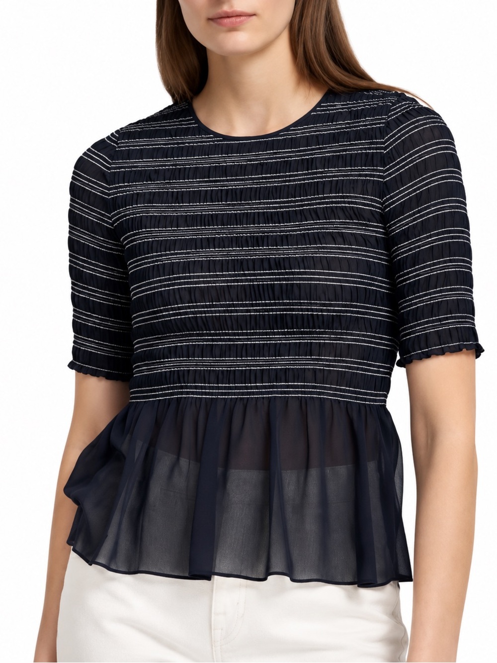 Club Monaco Luceenie Sheer Peplum Top Navy Stripe Size S